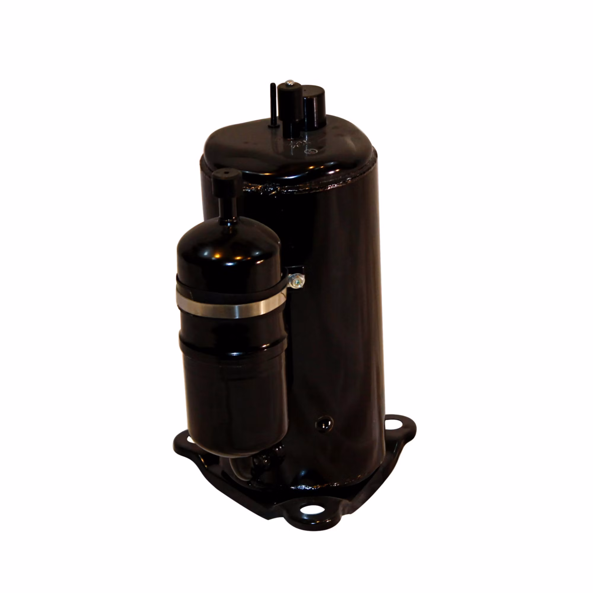 Black Matsushita hermetic rotary compressor with a smaller accumulator tank attached by a metal strap, Carrier P034-2921, shown at an angle against a white background