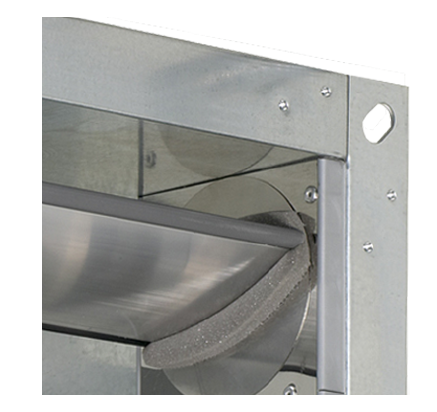TROX TVT close-up of damper blade inside rectangular VAV terminal