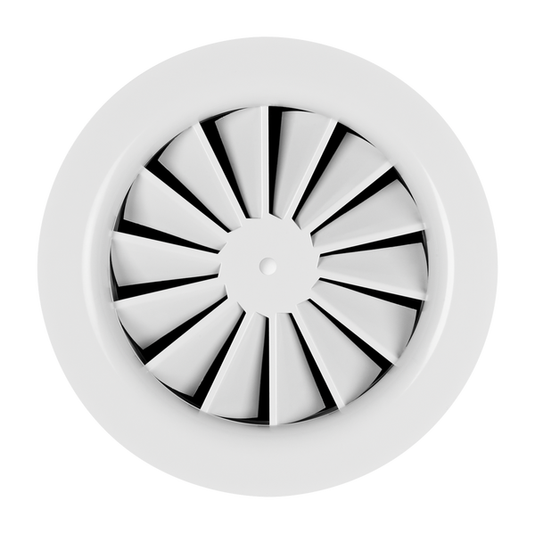 TROX RFD-SIRIUS ceiling swirl diffuser showing horizontal swirling supply air distribution