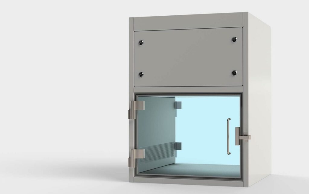 Cleanroom material pass-through with glass door for controlled material transfer