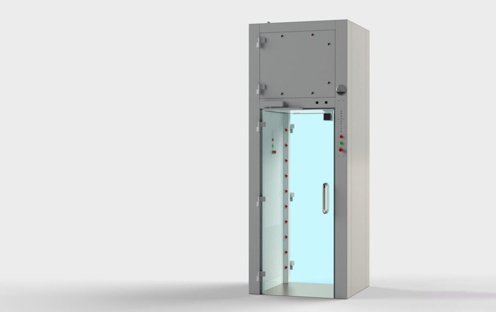 Personal air shower for cleanroom personnel with glass doors and integrated filtration system
